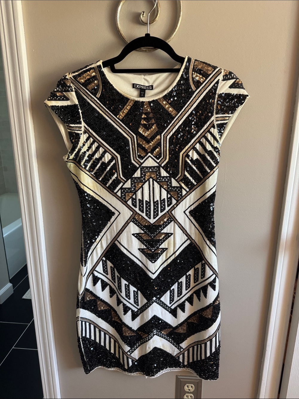 Express Black White and Gold Sequin Geometric Cocktail Dress